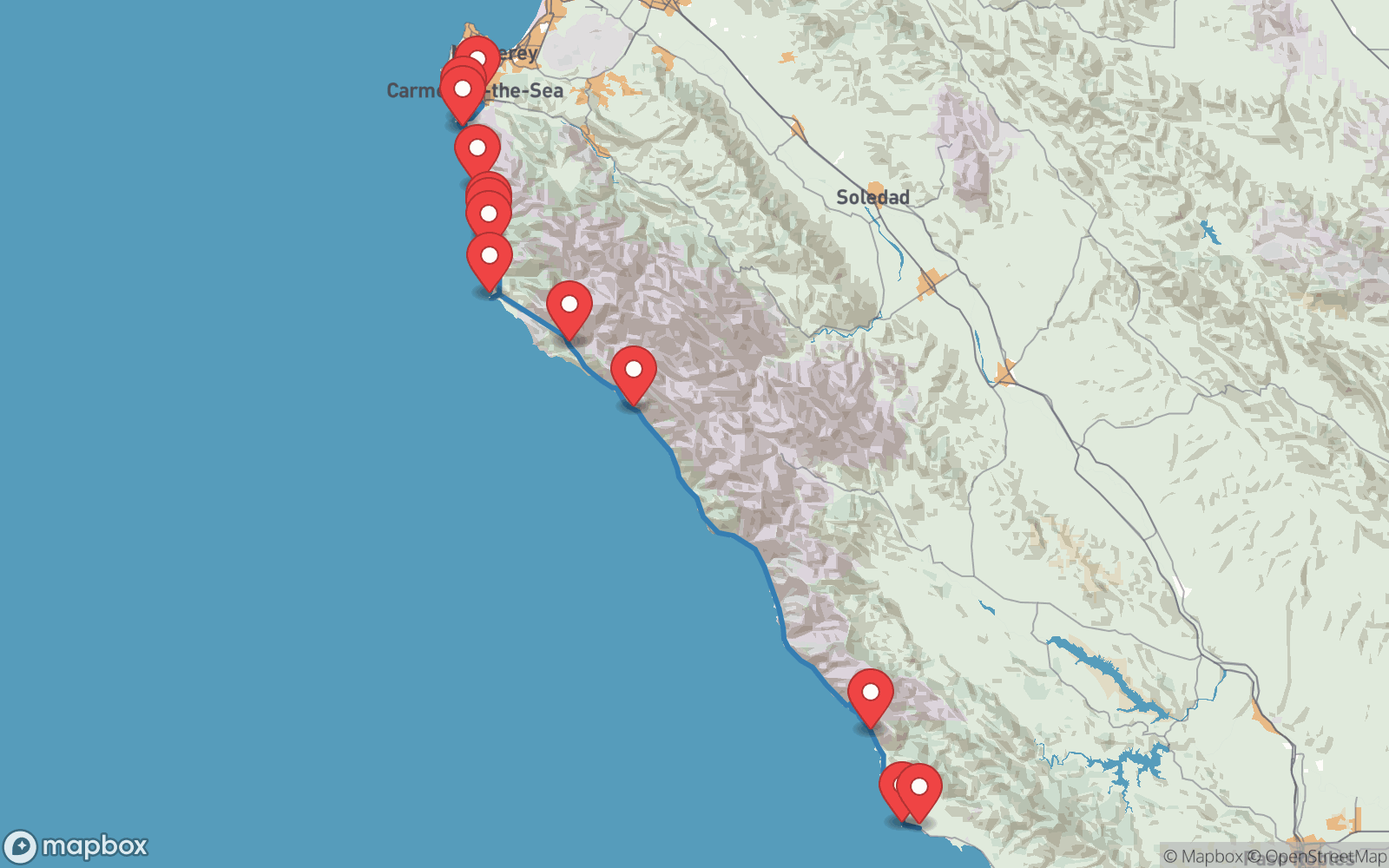 Map preview of Big Sur Coast Highway, CA-1